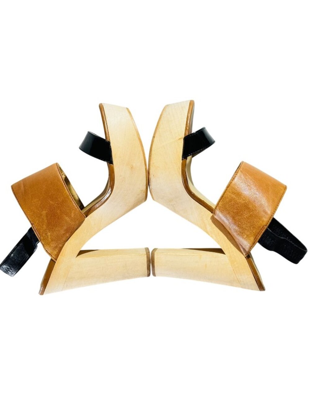 LEVITY Leather & Patent Platform Sandals With Elastic Strap & Wooden Block Heels - Picture 6 of 11